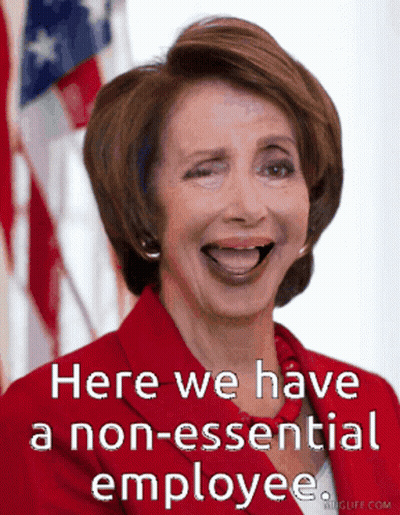 Woman Saying Here We Have a Non-Essential Employee