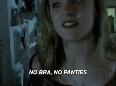 Woman Saying No Bra No Panties By Refrigerator GIF