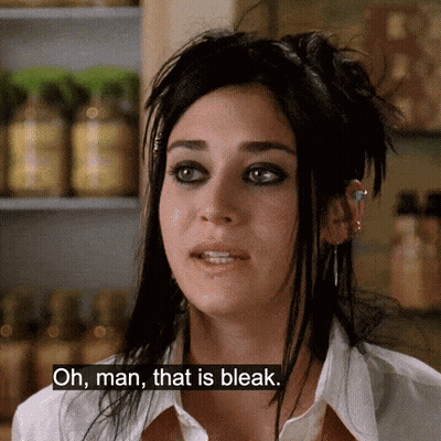 Woman Saying Oh Man That Is Bleak In Front Of Bottles GIF