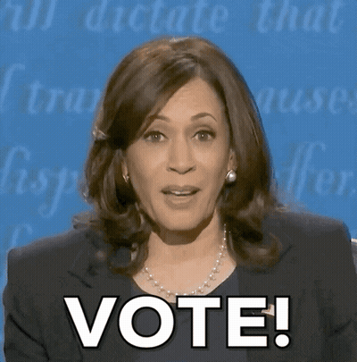 Woman Saying Vote In Front Of Blue Wall GIF