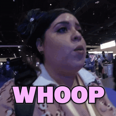 Woman Saying Whoop In Pink Letters On Blue Background GIF