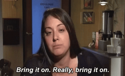 Woman Says Bring It On Really Bring It On Next To Coffee Pot GIF