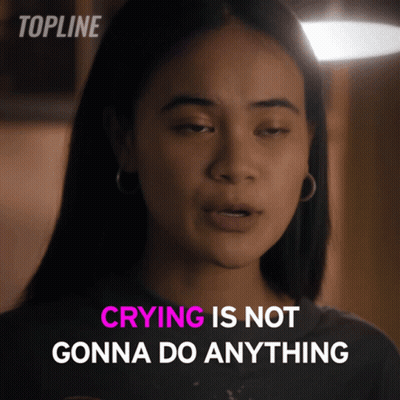 Woman Says Crying Is Not Gonna Do Anything In Pink Letters GIF
