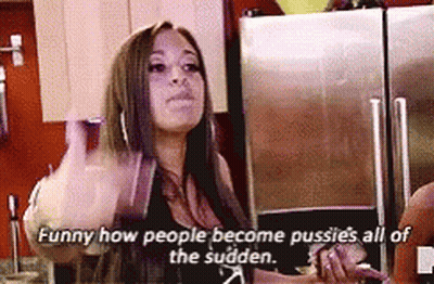 Woman Says Funny How People Become Pussies All Of The Sudden In Kitchen GIF