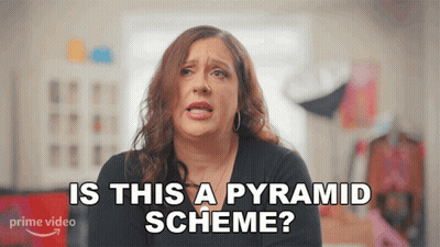 Woman Says Is This A Pyramid Scheme In Front Of Prime Video Logo GIF