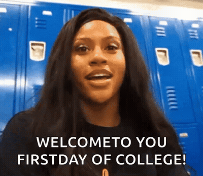 Woman Says Welcome To Your First Day Of College In Front Of Blue Lockers GIF