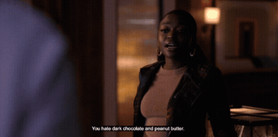 Woman Says You Hate Dark Chocolate And Peanut Butter In Dark Room GIF
