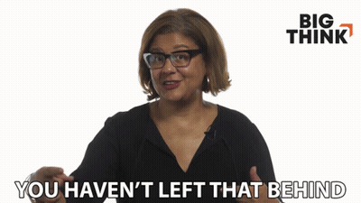 Woman Says You Haven't Left That Behind In Front Of Big Think Logo GIF
