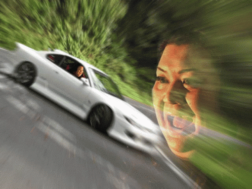 Woman Screaming Behind White Car GIF