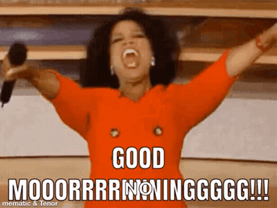 Woman Screaming Good Morning In Front Of Papers GIF