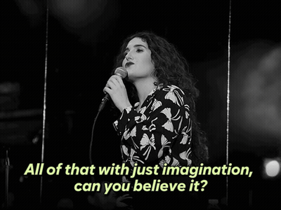 Woman Singing Into Microphone All Of That With Just Imagination Can You Believe It GIF