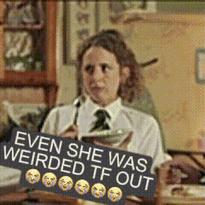 Woman Sitting At Desk With Weirded Out Sign GIF