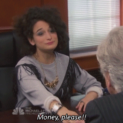 Woman Sitting At Table Asking For Money GIF
