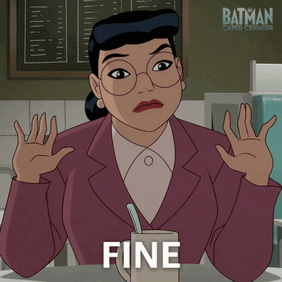 Woman Sitting At Table With Coffee Saying Fine GIF