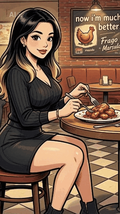 Woman Sitting At Table With Plate Of Food And Sign Saying Now I'm Much Better GIF