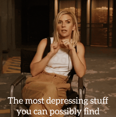 Woman Sitting In Chair Saying The Most Depressing Stuff You Can Possibly Find GIF