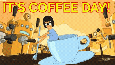 Woman Sitting In Coffee Cup With Mop GIF