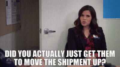 Woman Sitting In Front Of Door Saying Did You Actually Just Get Them To Move The Shipment Up GIF