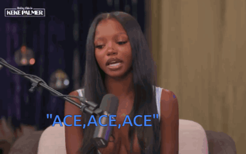 Woman Sitting In Front Of Microphone Ace Ace Ace In Blue GIF
