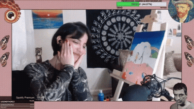 Woman Sitting In Front Of Painting With Spotify Premium Logo GIF