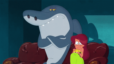Woman Sitting Next To Shark Mouth Open GIF