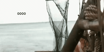 Woman Sitting On A Boat With Fishing Net In Ocean GIF