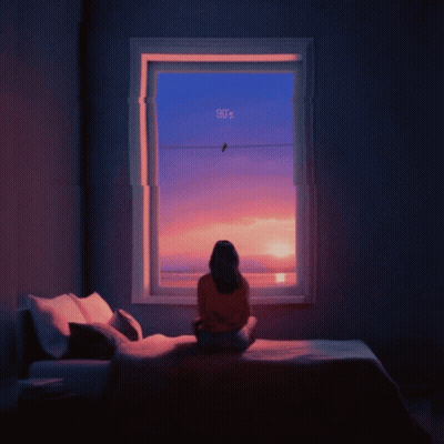 Woman Sitting On Bed Looking Out Window 90'S GIF
