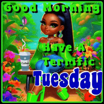 Woman Sitting On Bench With Coffee Good Morning Have A Terrific Tuesday GIF