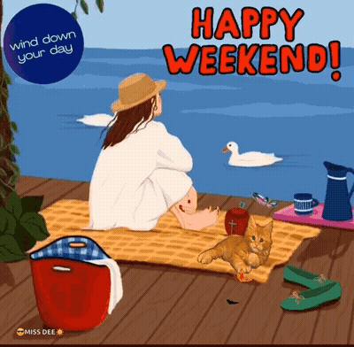 Woman Sitting On Blanket By Water With Cat And Duck GIF