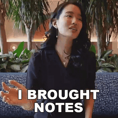 Woman Sitting On Blue Couch Saying I Brought Notes GIF