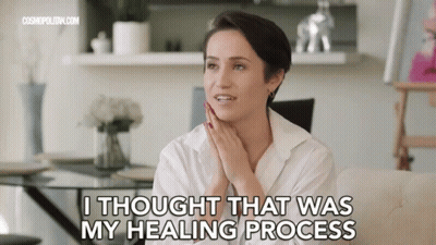 Woman Sitting On Couch Hands On Face Says I Thought That Was My Healing Process GIF