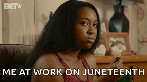 Woman Sitting On Couch Saying Me At Work On Juneteenth GIF