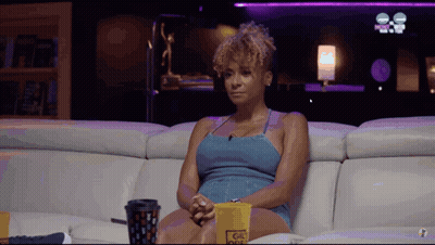 Woman Sitting On Couch With Coffee And Popcorn GIF