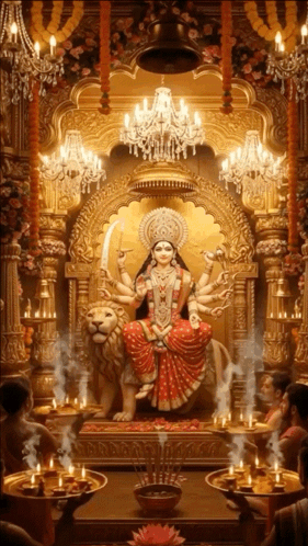 Woman Sitting On Lion In Temple GIF