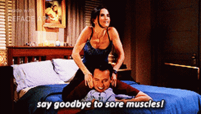 Woman Sitting On Man's Back For Sore Muscles GIF