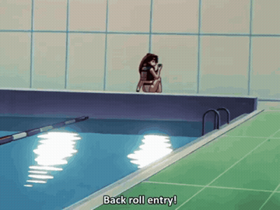Woman Sitting On Pool Edge Back Roll Entry GIF