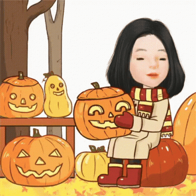 Woman Sitting On Pumpkin Holding Jack-O-Lantern GIF