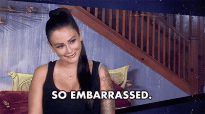 Woman Sitting On Staircase Saying So Embarrassed GIF