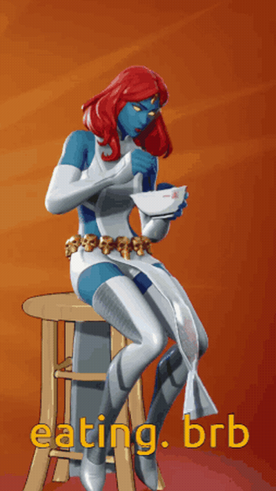Woman Sitting On Stool Saying Eating Brb GIF