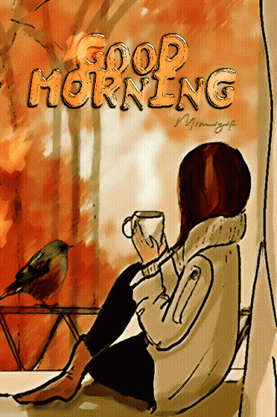 Woman Sitting On Window Sill With Coffee And Bird Good Morning GIF