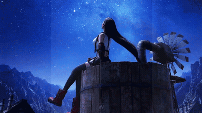 Woman Sitting On Wooden Barrel Looking At Sky GIF