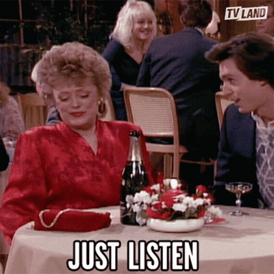 Woman Sitting With Champagne Saying Just Listen GIF