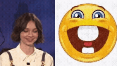 Woman Smiling Next To Smiley Face With Missing Tooth GIF