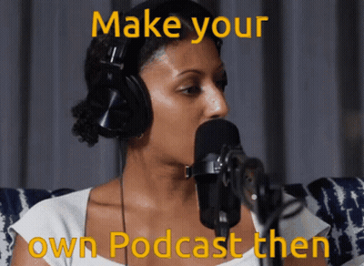 Woman Speaking Into Microphone Saying Make Your Own Podcast GIF