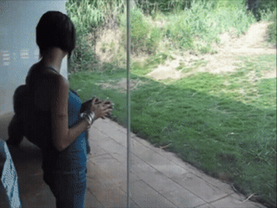 Woman Standing By Glass Door Overlooking Field GIF
