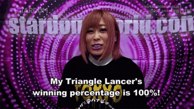 Woman Standing By Sign Saying My Triangle Lancer's Winning Percentage Is 100% GIF