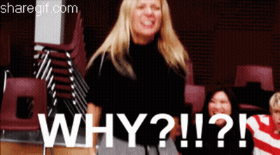 Woman Standing By Stack Of Chairs Saying Why GIF