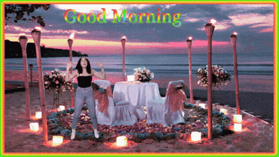 Woman Standing By Table And Chairs Saying Good Morning GIF