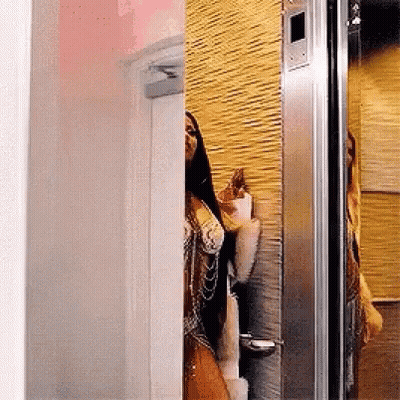 Woman Standing In Elevator With Cat Behind GIF