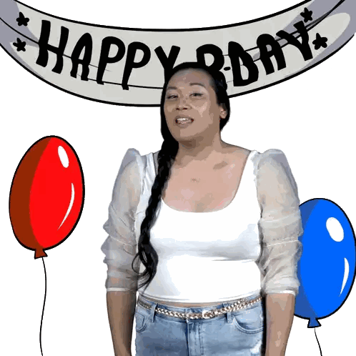 Woman Standing In Front Of Balloons And Birthday Banner Sticker